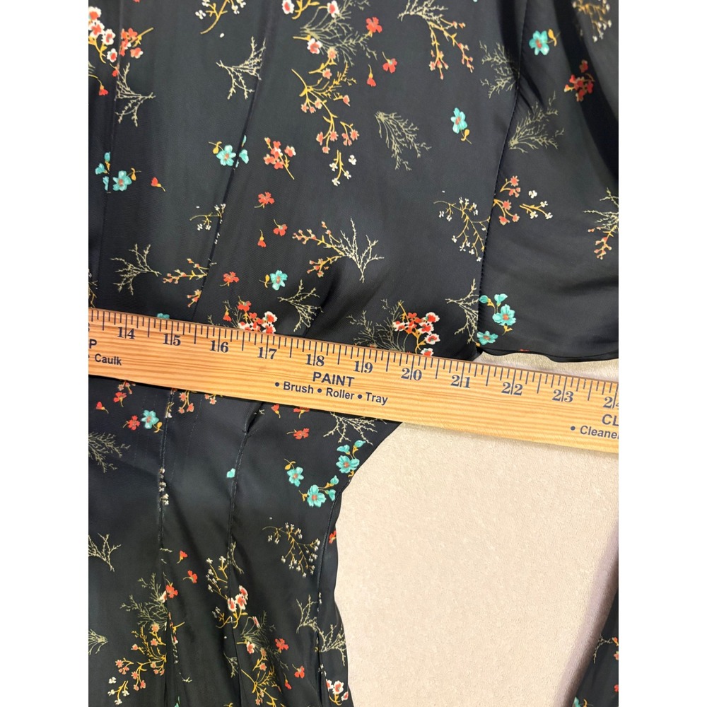 Exquise Anthropologie Floral Shirt Dress Black Satin Pleated Mini Pockets Size M - Picture 8 of 12